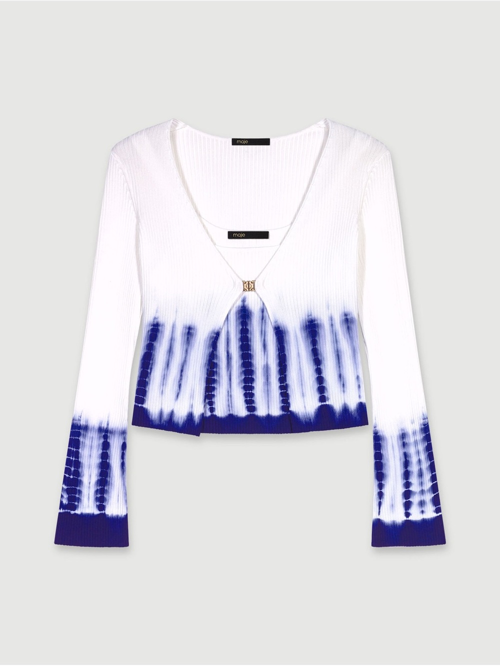 Maje White & Blue Tie-Dye Ribbed V-Neck Long Sleeve Top with Hardware